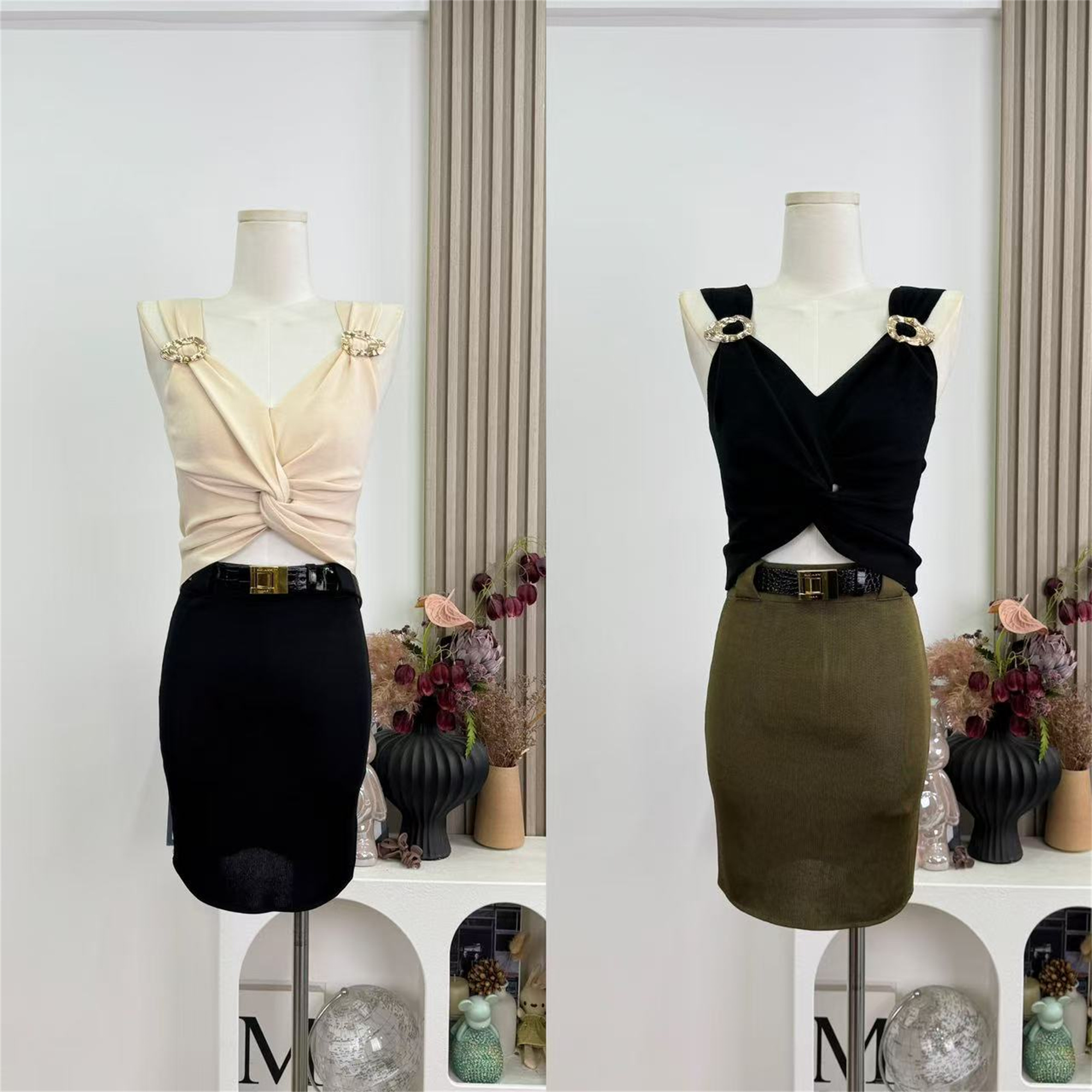OKMASHOP Misty Night High-IQ Knit V-Neck Vest and Skirt Two-Piece Set for Women Summer