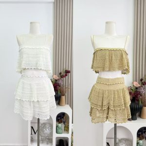 Handmade Openwork Crochet Knit Two-Piece Set with Ruffle Tube Top and Tiered Cake Mini Skirt