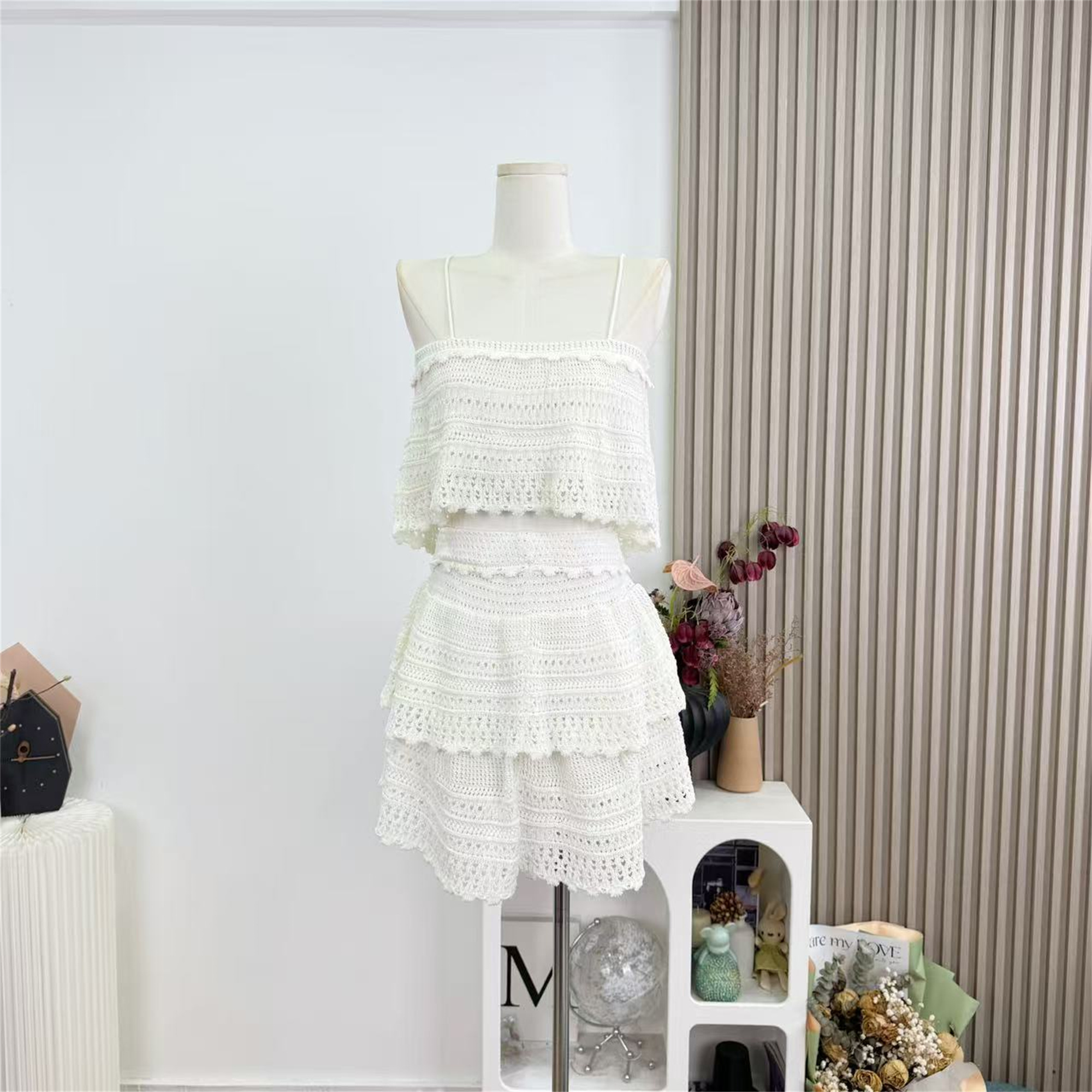 Handmade Openwork Crochet Knit Two-Piece Set with Ruffle Tube Top and Tiered Cake Mini Skirt - Image 4