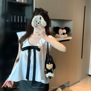 2026 Summer Women's Bow Flutter Sleeve Blouse - Loose Fit Youthful Style