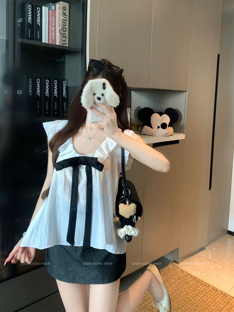 2026 Summer Women's Bow Flutter Sleeve Blouse - Loose Fit Youthful Style