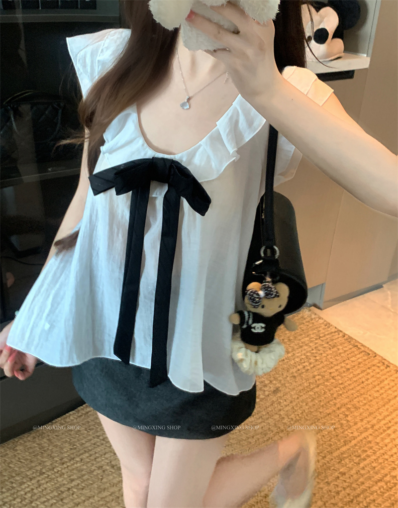 2026 Summer Women's Bow Flutter Sleeve Blouse - Loose Fit Youthful Style - Image 3