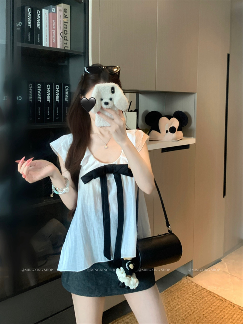 2026 Summer Women's Bow Flutter Sleeve Blouse - Loose Fit Youthful Style - Image 2