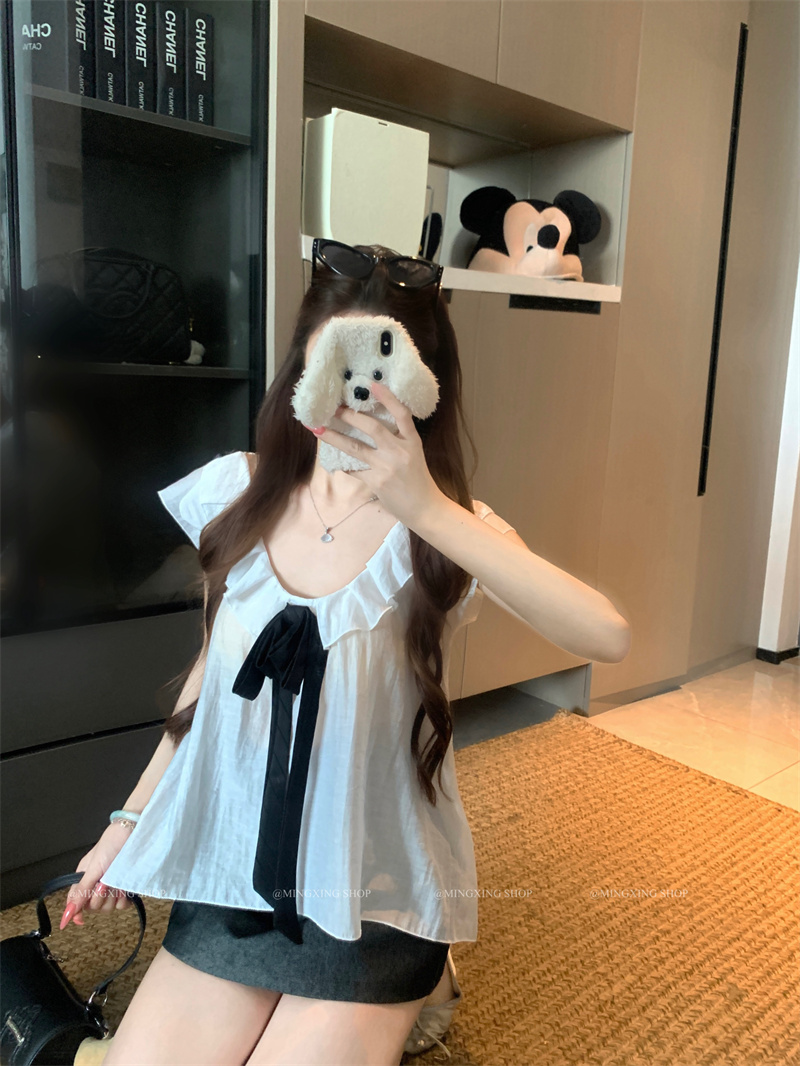 2026 Summer Women's Bow Flutter Sleeve Blouse - Loose Fit Youthful Style - Image 4