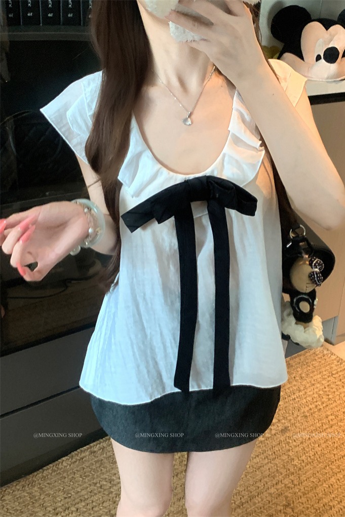2026 Summer Women's Bow Flutter Sleeve Blouse - Loose Fit Youthful Style - Image 5