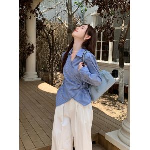 Women's Korean Retro Striped Long Sleeve Shirt Fall New