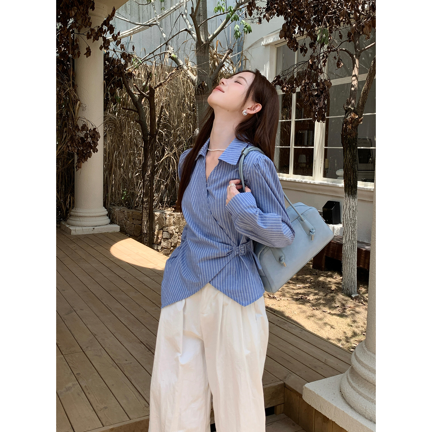Women's Korean Retro Striped Long Sleeve Shirt Fall New