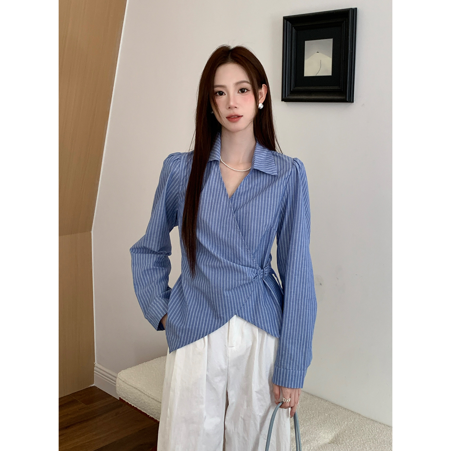 Women's Korean Retro Striped Long Sleeve Shirt Fall New - Image 2