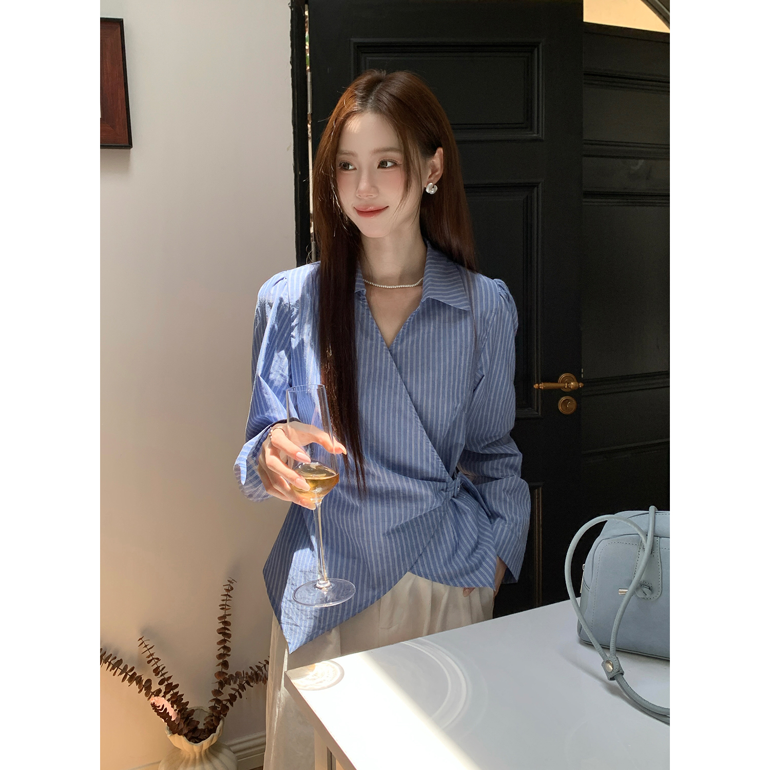 Women's Korean Retro Striped Long Sleeve Shirt Fall New - Image 3