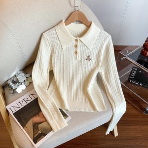Korean Polo Collar Bear Embroidery Knit Sweater for Women 2026 Fall Pullover