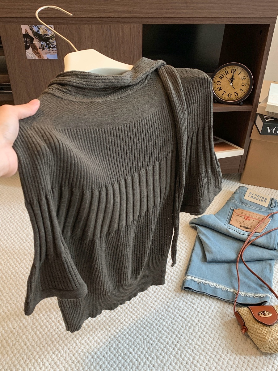 Women's Batwing Sleeve Cropped Knit Sweater 2026 Early Autumn Slimming Waist French Cape Pullover Top - Style 5fbf7b - Image 2