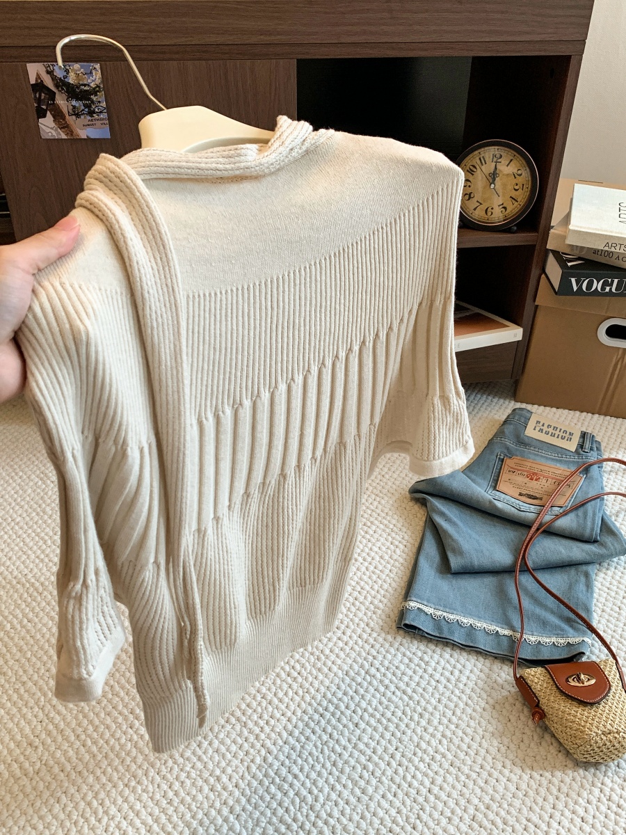 Women's Batwing Sleeve Cropped Knit Sweater 2026 Early Autumn Slimming Waist French Cape Pullover Top - Style 5fbf7b - Image 3