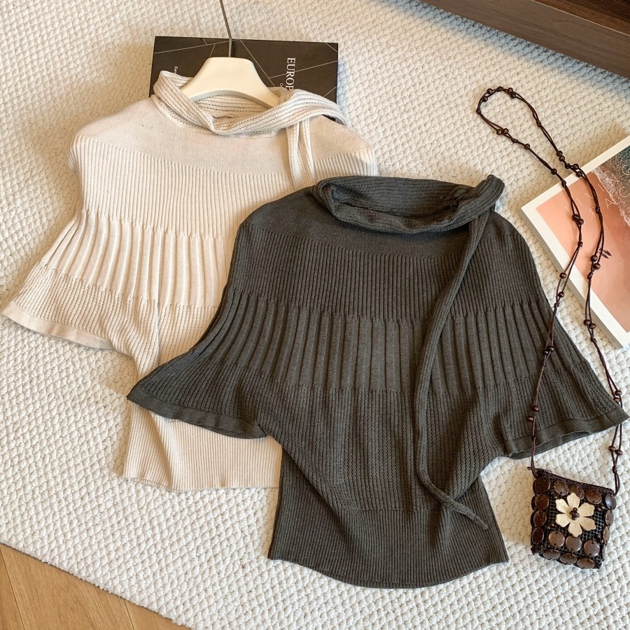 Women's Batwing Sleeve Cropped Knit Sweater 2026 Early Autumn Slimming Waist French Cape Pullover Top - Style 5fbf7b - Image 5
