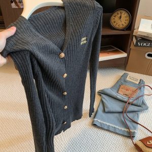 Dark Gray V-Neck Long Sleeve Polo Knit Cardigan Top for Women 2026 Early Autumn Slimming