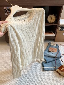 Korean Style Long Sleeve Knit Sweater for Women Fall 2026 Hollow Out Loose Slimming Top