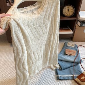 Korean Style Long Sleeve Knit Sweater for Women Fall 2026 Hollow Out Loose Slimming Top