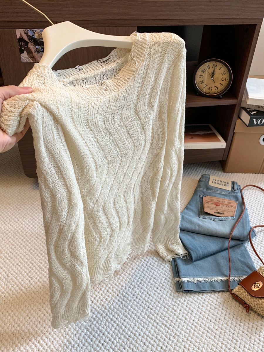 Korean Style Long Sleeve Knit Sweater for Women Fall 2026 Hollow Out Loose Slimming Top
