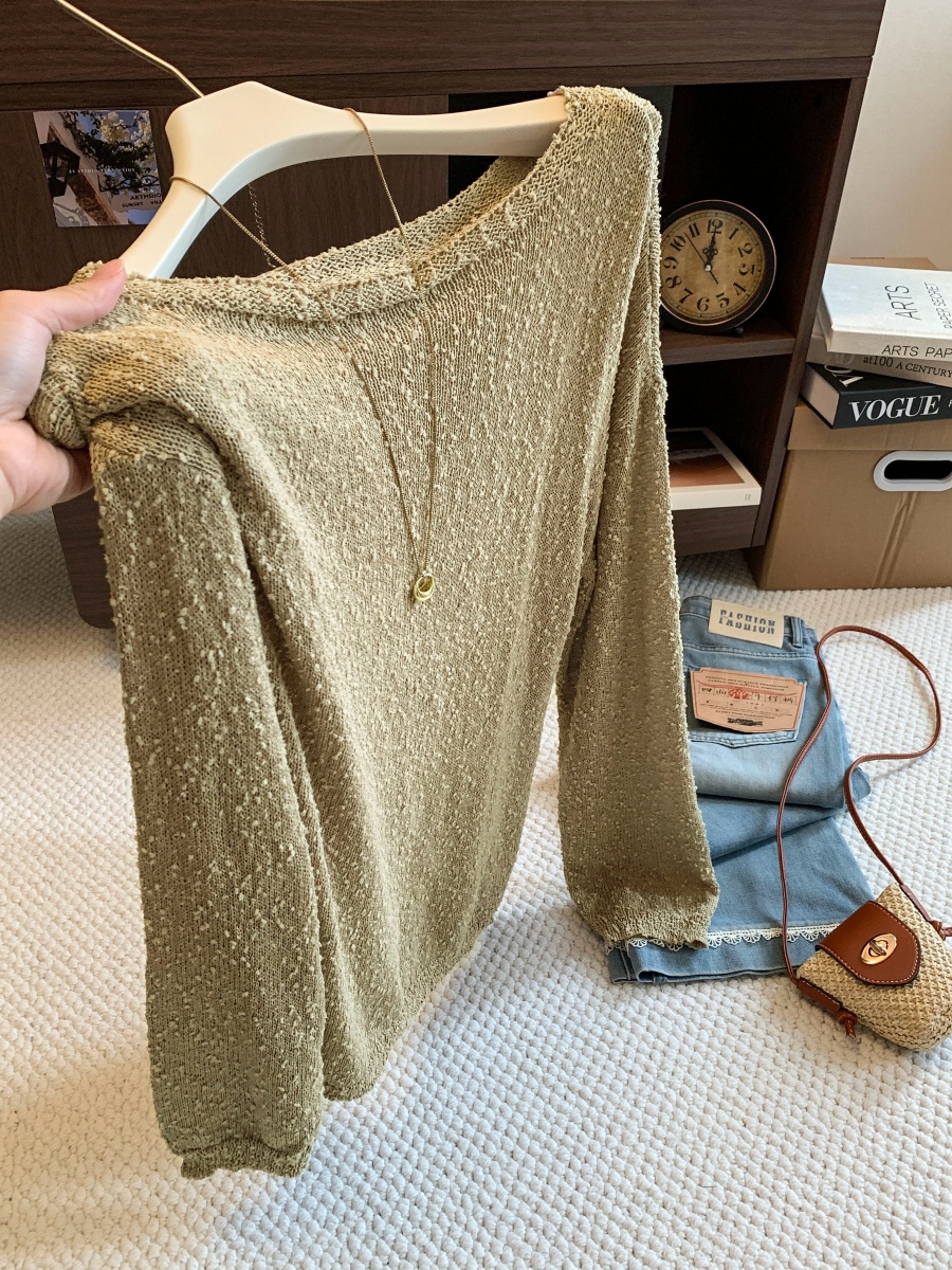 Lightweight Soft Lazy Loose Boat Neck Knit Pom Pom Sweater for Women - Image 3