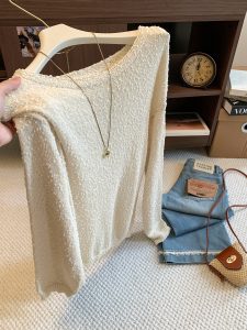 Lightweight Soft Lazy Loose Boat Neck Knit Pom Pom Sweater for Women