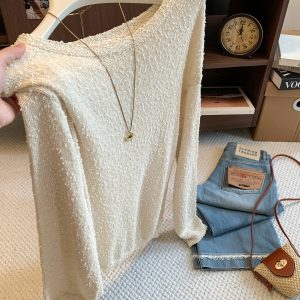 Lightweight Soft Lazy Loose Boat Neck Knit Pom Pom Sweater for Women