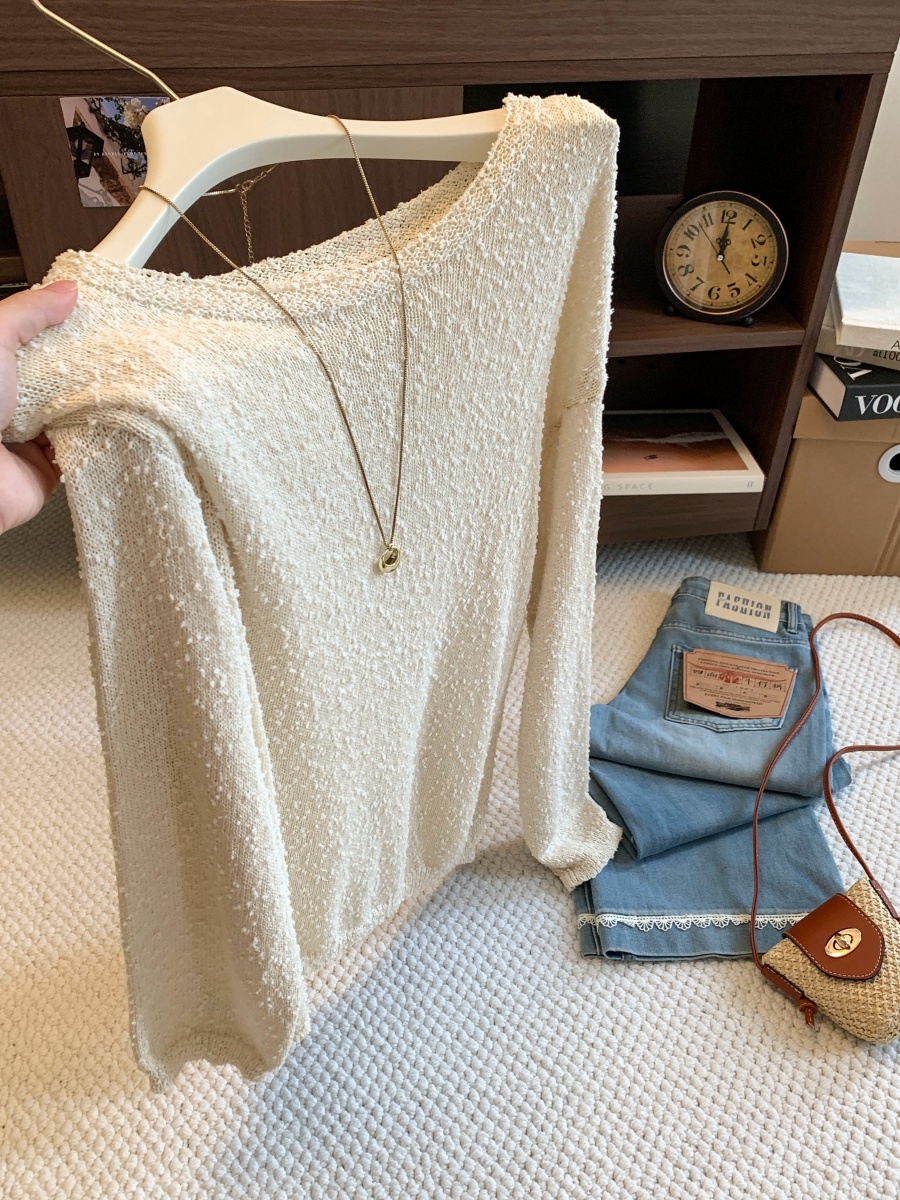Lightweight Soft Lazy Loose Boat Neck Knit Pom Pom Sweater for Women