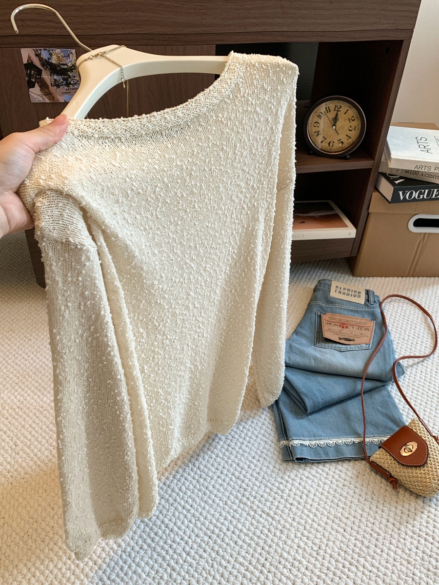 Lightweight Soft Lazy Loose Boat Neck Knit Pom Pom Sweater for Women - Image 4
