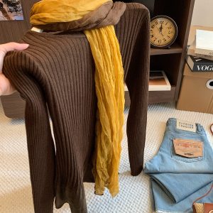 Early Autumn Mesh Knit Long Sleeve Top with Gradient Tulle Scarf Two Piece Set