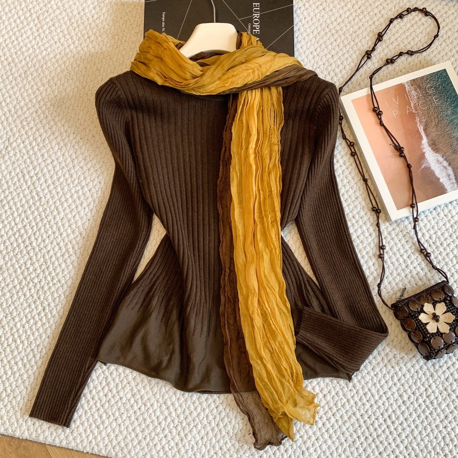 Early Autumn Mesh Knit Long Sleeve Top with Gradient Tulle Scarf Two Piece Set - Image 5
