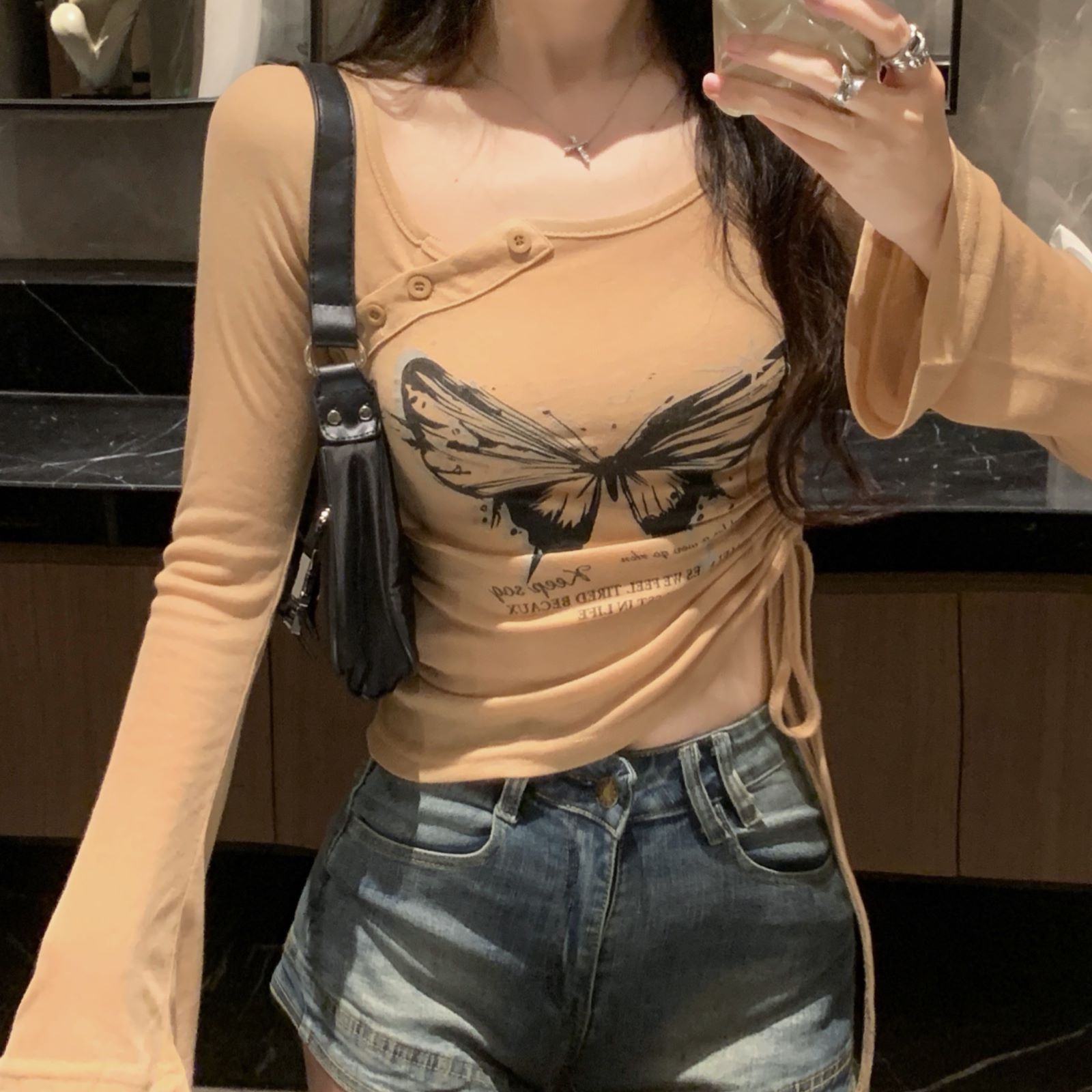 Women's Ribbed Print Slim Fit Short Sleeve Top American Sexy Style Early Autumn - Image 3