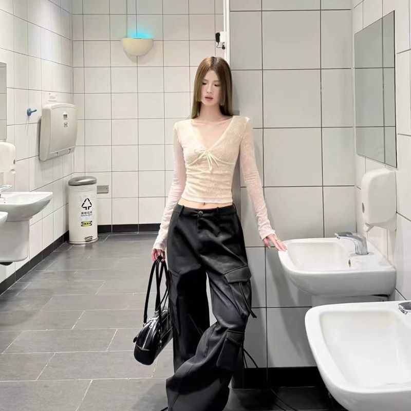 Bow Lace Long Sleeve V-Neck Slim Cropped T-Shirt for Women - Image 2