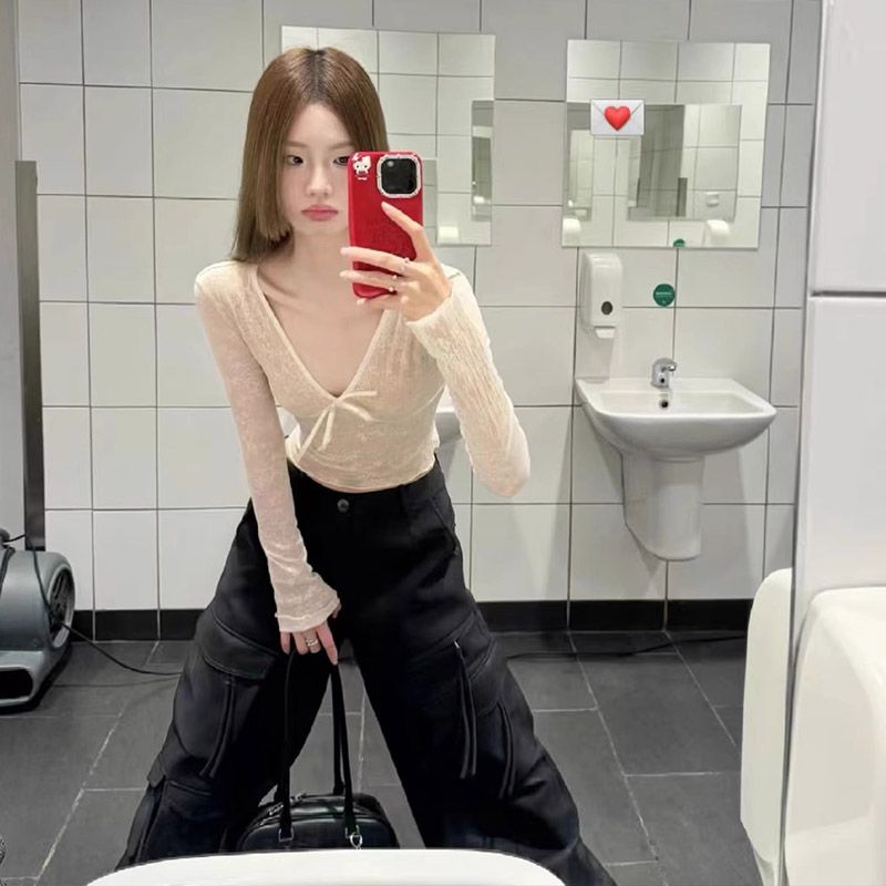 Bow Lace Long Sleeve V-Neck Slim Cropped T-Shirt for Women - Image 4