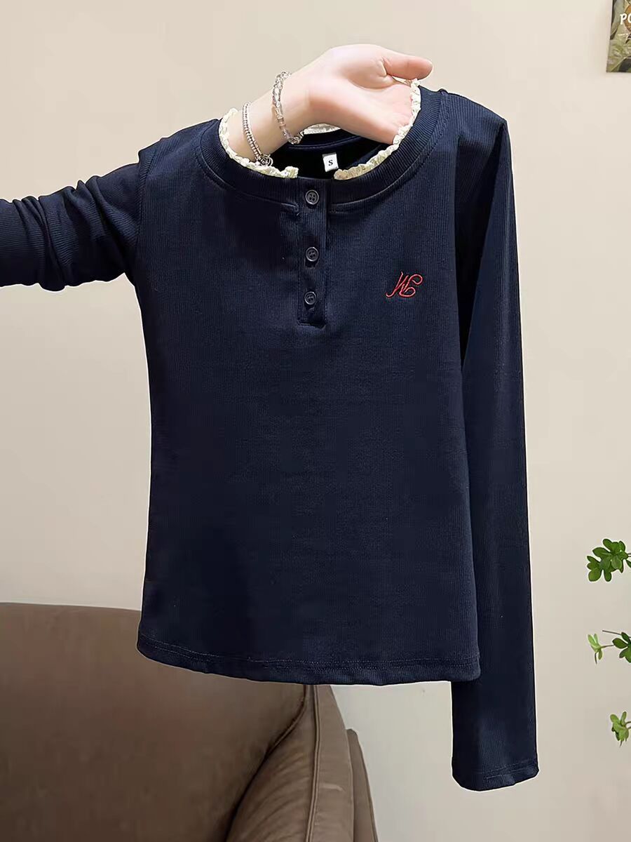Sweet Lace Round Neck Long Sleeve Slim Fit Base Layer Top New Arrival - Image 2