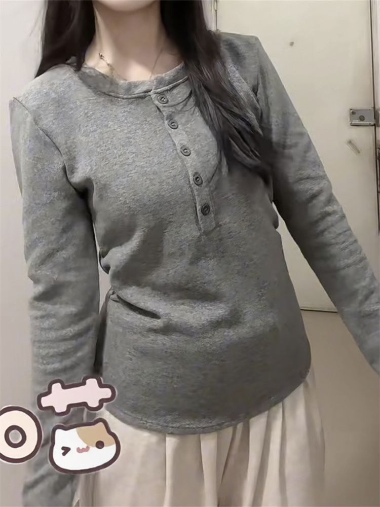 Korean Long Sleeve Slim Fit Warm Base Layer Top Women 2026 Fall New Relaxed French Drape