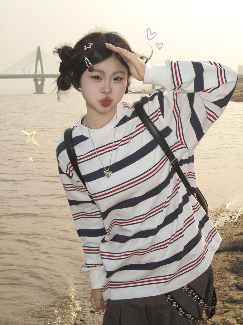 Women's Striped Long Sleeve Round Neck Top 8651# - Image 2