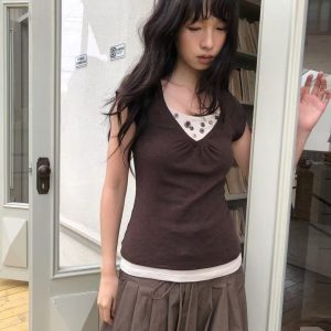 Women's Short Sleeve Slim Fit Commuter T-Shirt Korean Elegant Top