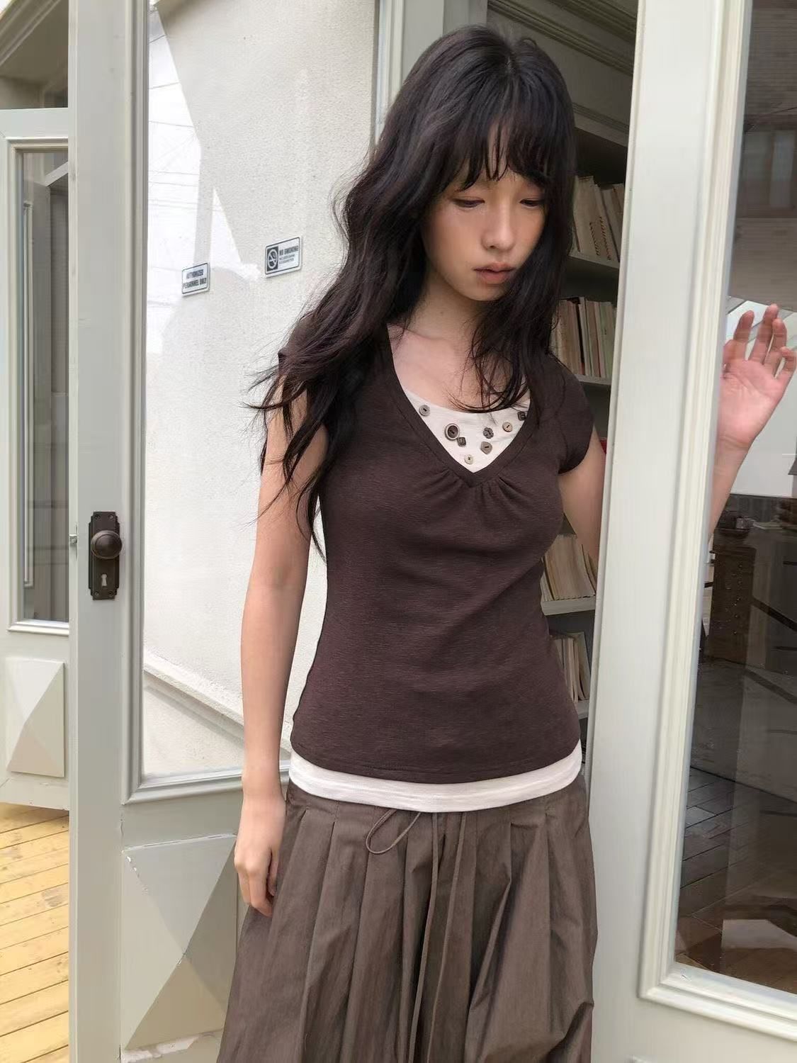 Women's Short Sleeve Slim Fit Commuter T-Shirt Korean Elegant Top